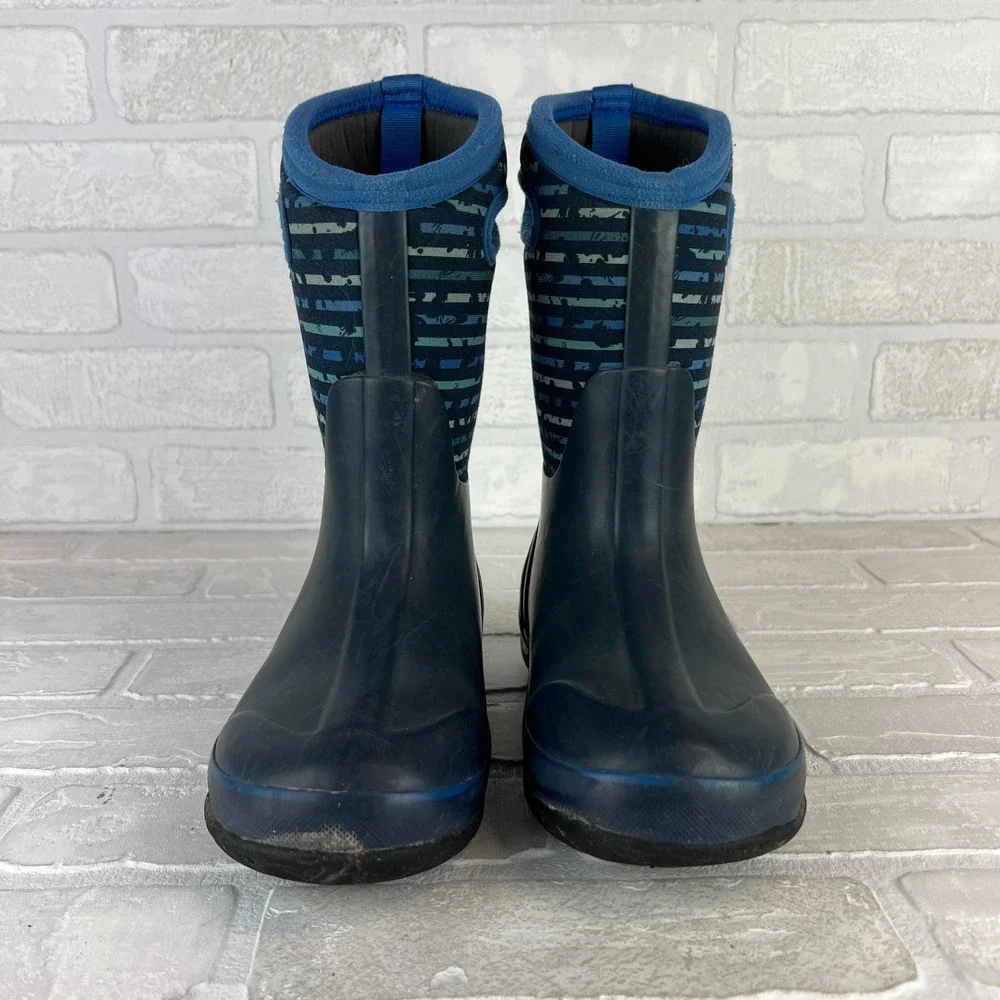 Bogs Rain Boots Youth 2 Blue Classic Stripe Waterproof Insulated Mid Calf Winter